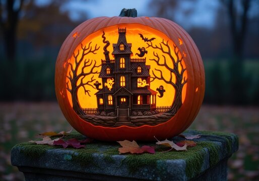 A carved pumpkin with a miniature Halloween house and tree designed inside it.