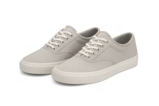 Pair of gray casual sneakers with white laces on transparent background