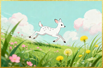 A young spotted fawn runs through a vibrant meadow filled with flowers and dew-covered grass under a bright blue sky.
