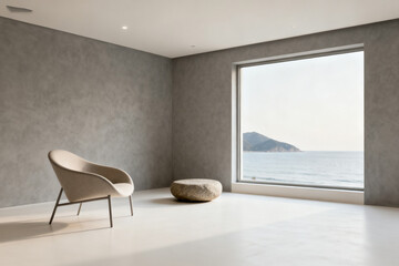 Minimalist interior with modern chair and stone ottoman overlooking ocean view through large window