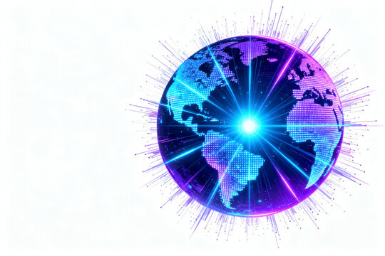 Digital globe with glowing blue and purple light effects and radiating lines - Powered by Adobe