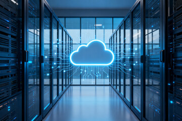 Data center hallway with illuminated cloud icon and server racks