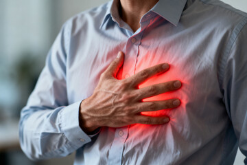 Man holding chest with red glow indicating heart pain or discomfort