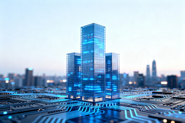 Futuristic cityscape with illuminated skyscrapers emerging from a circuit board landscape