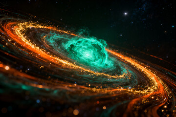 A vibrant cosmic nebula with swirling orange and teal gas clouds, set against a star-filled dark space background.