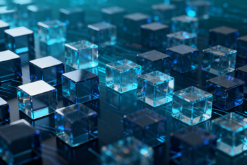 Array of transparent blue cubes with glowing edges arranged in a digital grid pattern