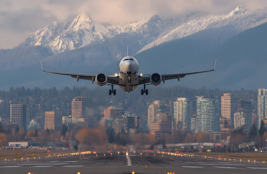 Airplane landing at Vancouver airport against backdrop of snow-capped mountains, city skyline. Jet aircraft touches down on runway during daylight. Features urban transportation, aviation travel,