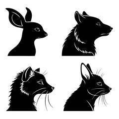 Four distinct black silhouette profiles of wild animal heads including a deer fawn and three foxes with detailed fur and whiskers on a white background