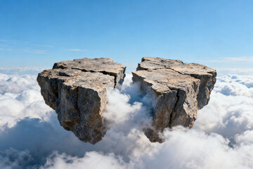 Two large rock formations floating above a sea of clouds under a clear blue sky