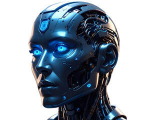 Futuristic AI robot with glowing blue eyes and circuit patterns isolated on transparent background PNG