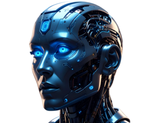 Futuristic AI robot with glowing blue eyes and circuit patterns isolated on transparent background PNG