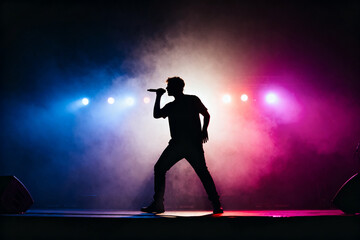 Silhouette of a performer singing on stage with colorful stage lighting and smoke effects
