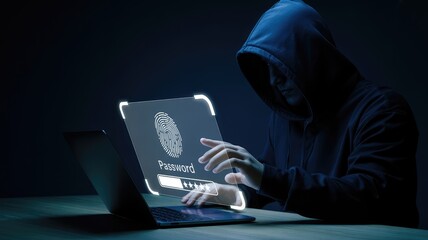 Cybercriminal using fingerprint authentication to hack laptop, digital security breach concept