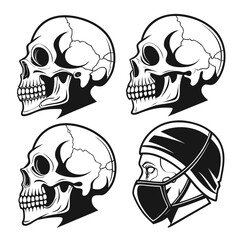 Collection of stylized human skull profiles in black and white with one skull wearing a protective mask and head covering