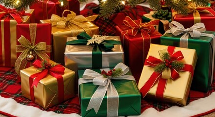 Fototapeta premium Elegant Christmas presents beautifully wrapped with ribbons under glowing tree light