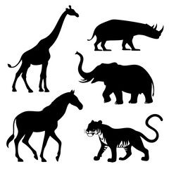 Collection of diverse animal silhouettes including a giraffe elephant rhinoceros horse and tiger on a white background representing wildlife and nature