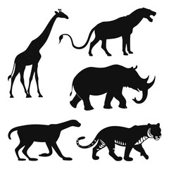 Collection of african wildlife silhouettes featuring a giraffe lion rhinoceros dinosaur and tiger on a white background