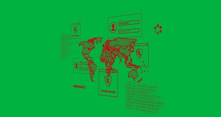 Animation of binary coding and virus data processing over world map - Powered by Adobe