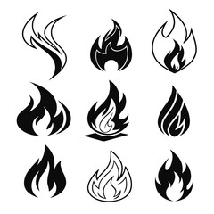 Collection of nine stylized black and white flame icons representing different fire designs and shapes