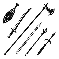 Collection of ancient and fantasy weapon silhouettes including swords spears axes and a mace on a white background
