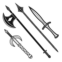 Collection of stylized black silhouette medieval fantasy weapons including an axe a spear a sword and a unique curved blade weapon on a white background
