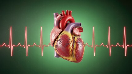 Realistic human heart with red pulse line, perfect for medical, healthcare, and science projects