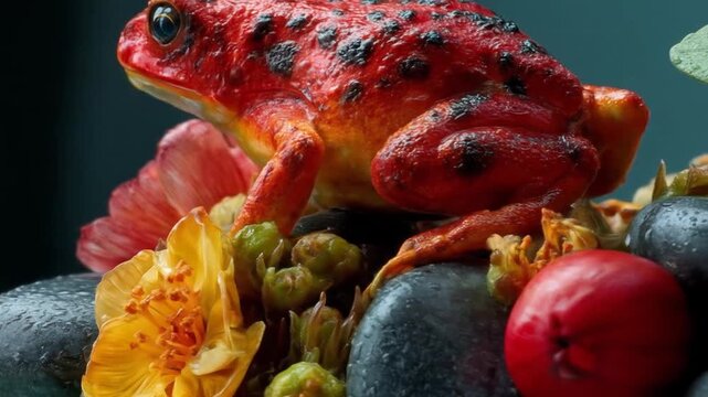 Close up of a vibrant red frog on rocks with flowers