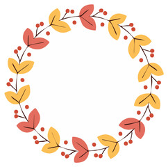 Autumn wreath with colorful leaves and berries in a circular border design