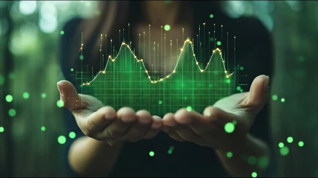 Hands holding a glowing green financial graph with bokeh lights in the background.