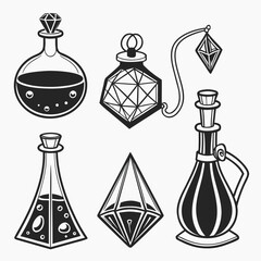 Collection of stylized potion bottles and geometric crystal containers with diamond stoppers and liquid fill