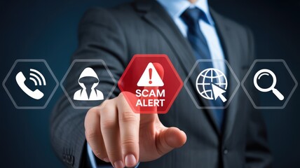 Businessman highlighting online scam alert warning of fraud, cybercrime, and identity theft risks