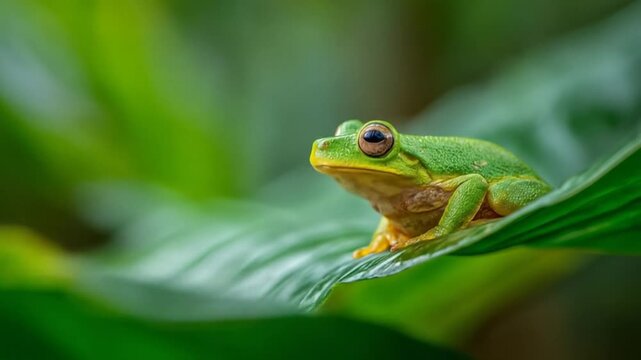 Green frog perched on leaf with detailed texture and natural sunlight