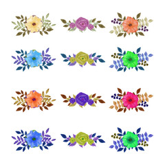 Vibrant floral arrangements and decorative borders with watercolor effect