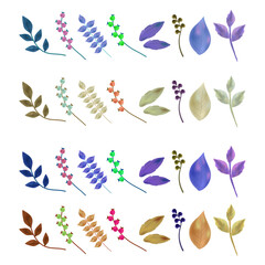 Botanical Illustrations of Various Plants and Leaves in Pastel Colors