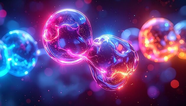 A vivid, abstract composition of luminous, interconnected spheres, glowing with neon hues. Sparkles and bokeh add depth to the visually appealing and futuristic scene