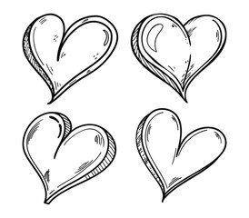 Hand drawn heart illustrations in black and white sketch style