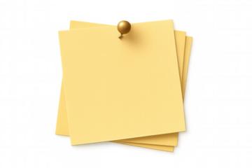 Stacked yellow sticky notes with a golden pushpin, creating a reminder message or task memo on transparent background