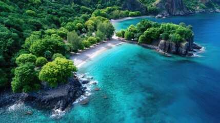 Fototapeta premium Tropical Island Green Foliage Azure Sea Aerial View Idyllic Paradise Shoreline with Lush Forest Coastline and Turquoise Waters in Bright Sunlight