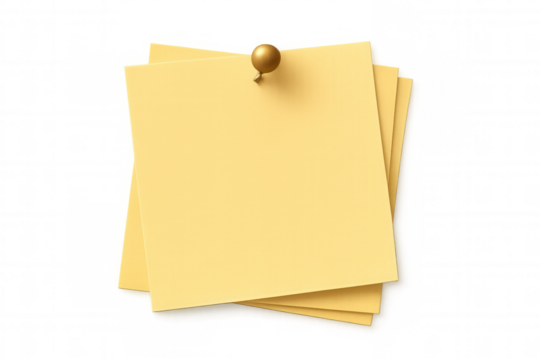 Stacked yellow sticky notes with a golden pushpin, creating a reminder message or task memo on transparent background - Powered by Adobe