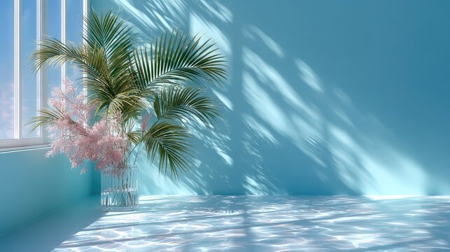 Tropical Leaf Shadows on Blue Wall with Floral Arrangement in Vase Sunlight Sparkling on the Floor - Powered by Adobe
