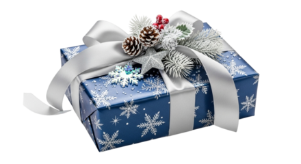 Wrapped Christmas Gift Box Decorated with Ribbon and Festive Decorations