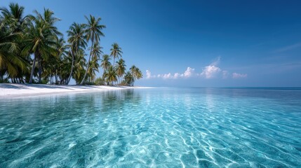 Fototapeta premium Tropical Paradise Island with Turquoise Water and Palm Trees Clear Blue Sky Creates a Dreamy Beach Destination Getaway Location with Reflection in Water