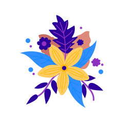 Vibrant floral illustration with yellow flower, blue leaves, and purple accents