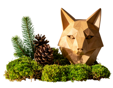 Minimalist wooden fox head figurine with forest elements isolated on transparent background PNG
