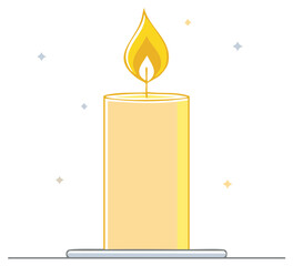 Illuminated Yellow Candle with Glowing Flame and Minimalist Design on White Background