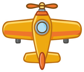 Cute Yellow Propeller Airplane with Orange Stripes Cartoon Illustration Top View