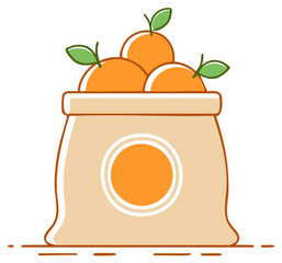 Cartoon Bag Filled with Oranges Fresh Citrus Fruits and Green Leaves