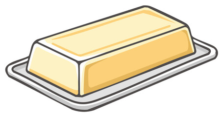 Stylized yellow butter stick on a simple serving plate for breakfast or cooking ingredient