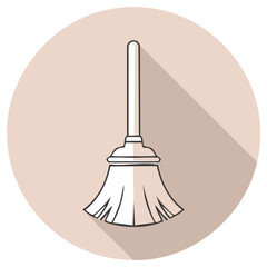 Broom Cleaning Tool Icon Line Illustration on Pink Circle with Long Shadow