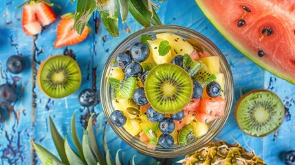 Naklejka premium Fresh Fruit Salad in Glass Bowl with Sliced Kiwi Blueberry Watermelon Pineapple on Blue Wooden Surface